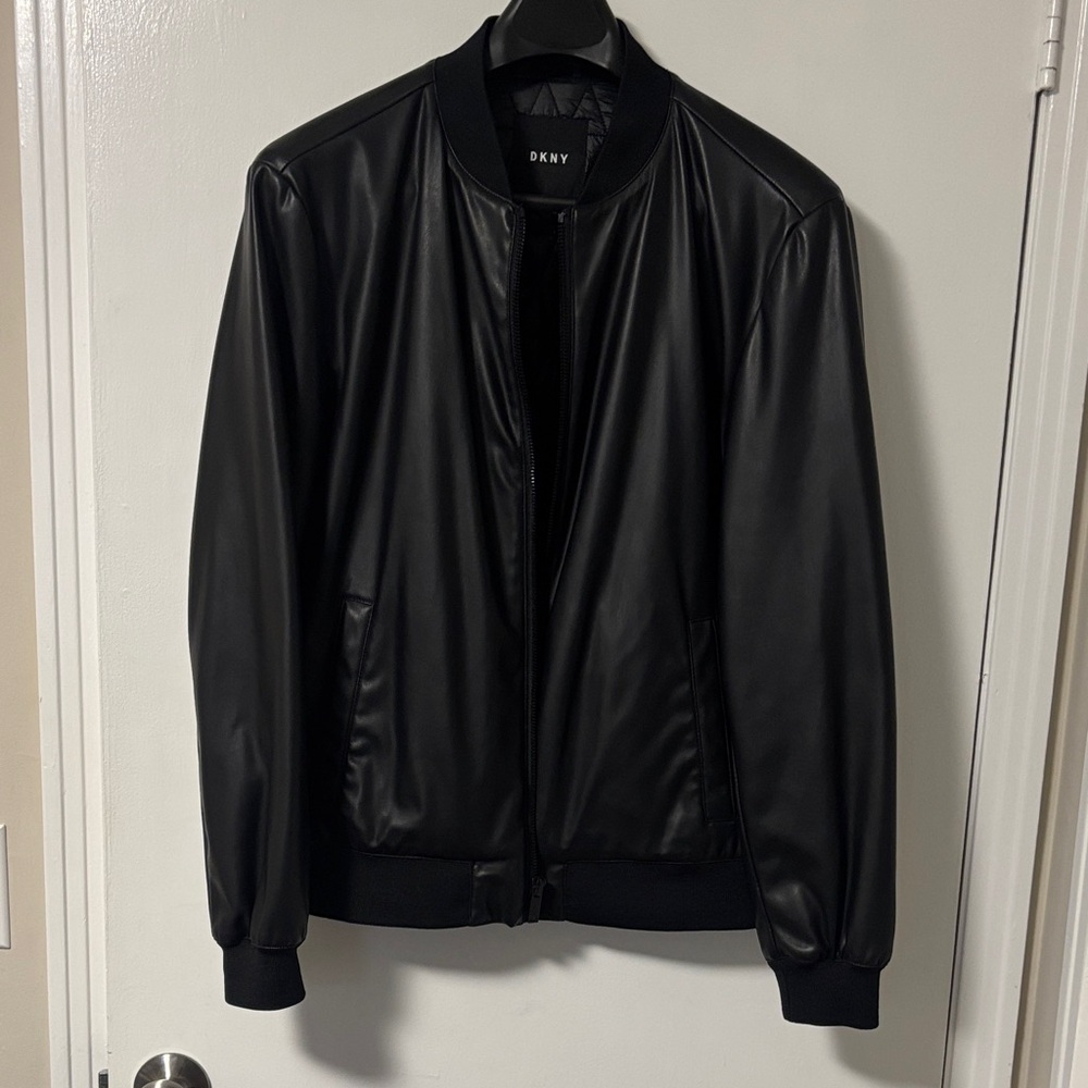 DKNY Jet Black Bomber Jacket Leather - Picture 2 of 5